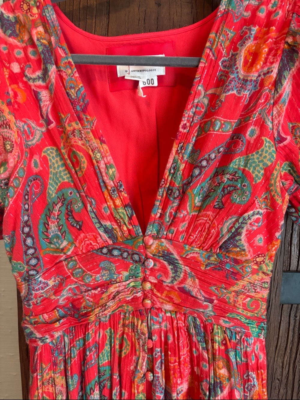Anthropologie Red Paisley V-Neck Maxi Dress with Puff Sleeves - Picture 3 of 8